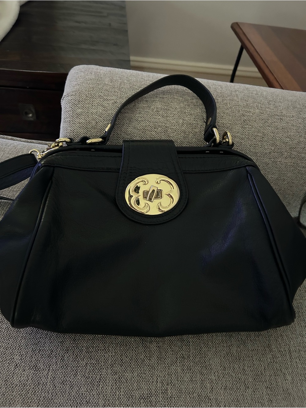 Emma Fox Black Satchel with Gold Medallion Accent